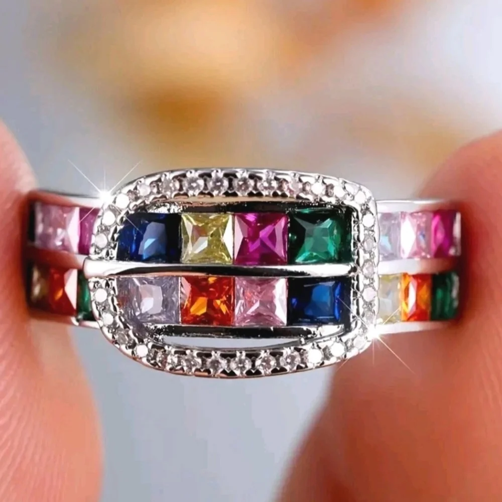Ladies Multi Color Shimmering Gemstone Belt Buckle Design Bohemian Ring